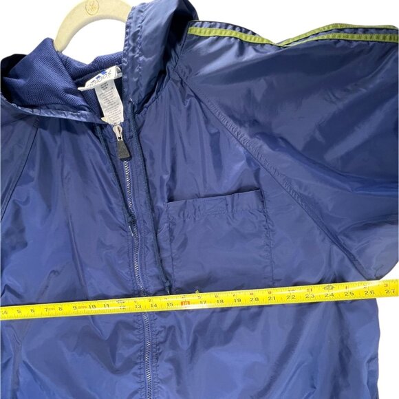Adidas XL Blue Hooded Windbreaker Jacket Lime Green Stripes Vented Pockets Logo - Picture 12 of 15
